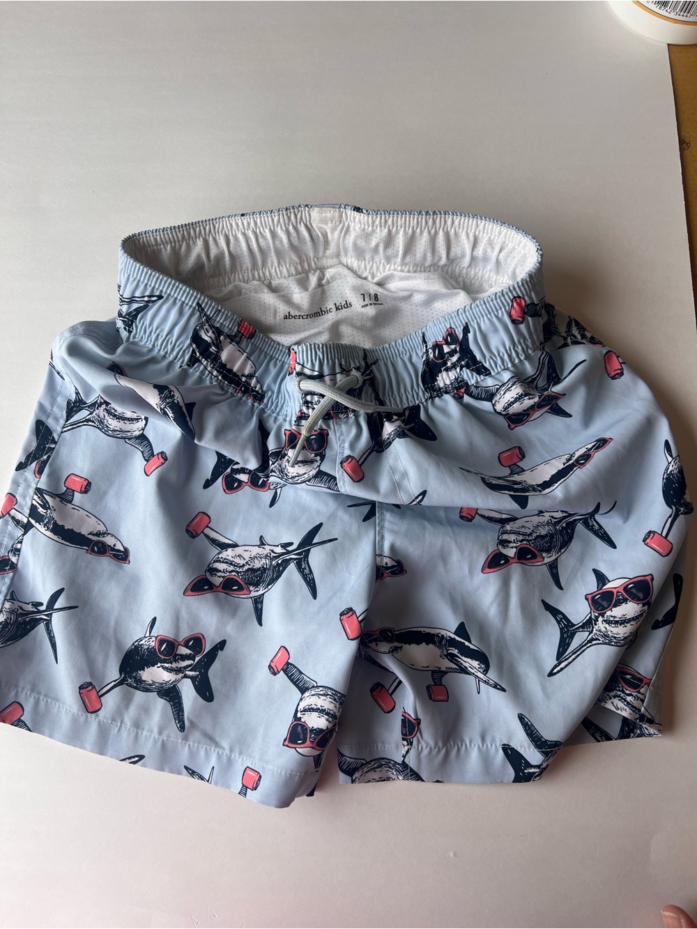 abercrombie kids Light Blue Shark Print Swim Shorts with Pink Accents